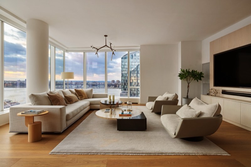 living room, river windows at dusk