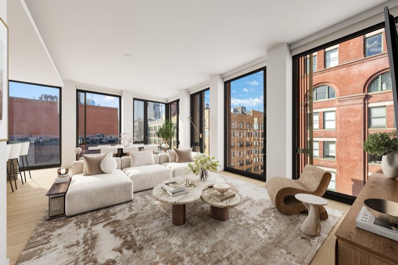 living room, corner sofa, west windows at 100 Barrow Street 9A
