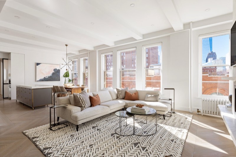 living toward kitchen, oversized loft windows
