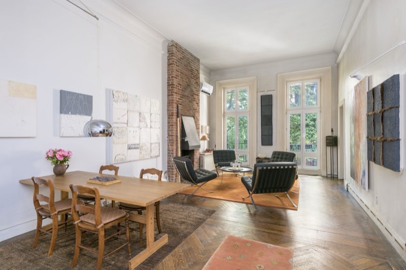 parlor, brick chimney, garden windows