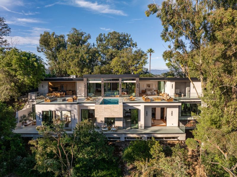 Aerial view of the estate above Franklin Canyon at 12752 Mulholland Drive, Beverly Hills