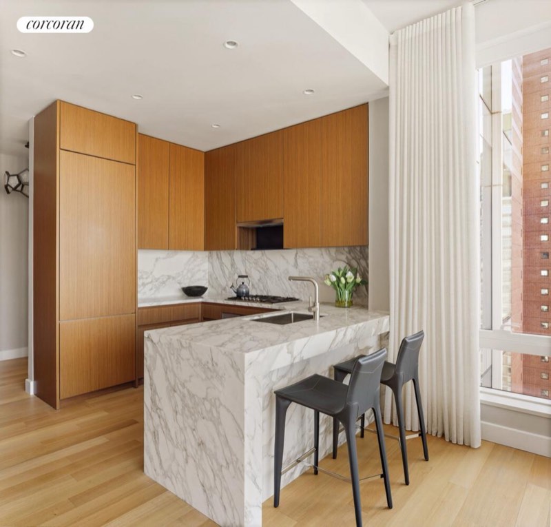 kitchen, rift-cut cabinets, marble waterfall