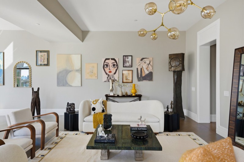 living room, white sofa, art wall