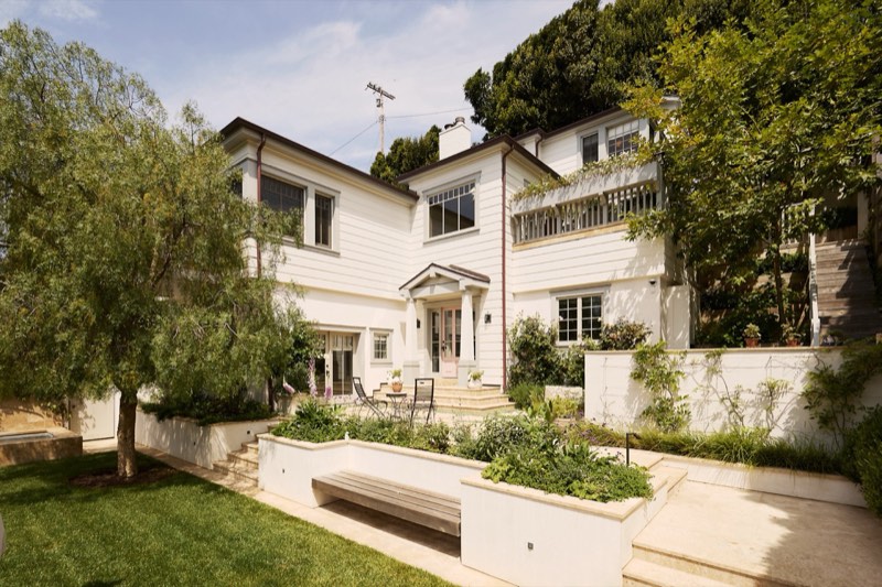 virtually staged garden elevation and pink door
