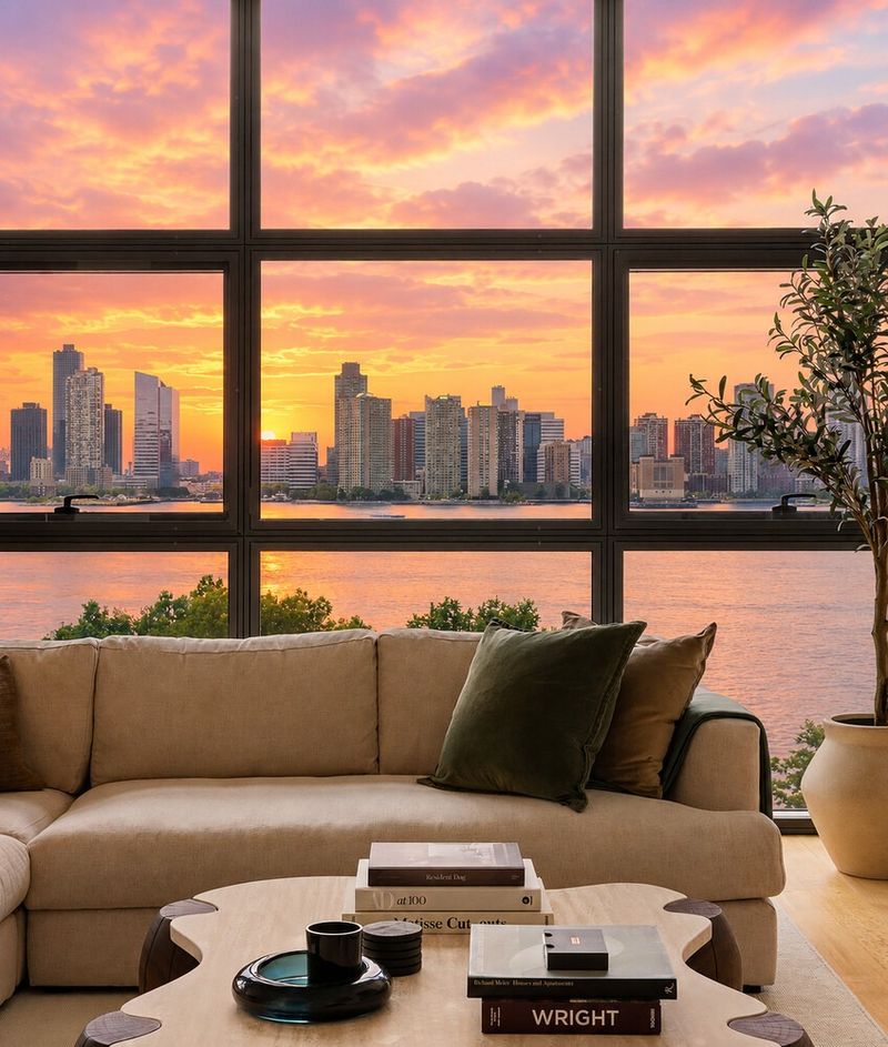 Living room sofa framed by the floor-to-ceiling windows at sunset over the Hudson at 290 West Street 5B, Tribeca