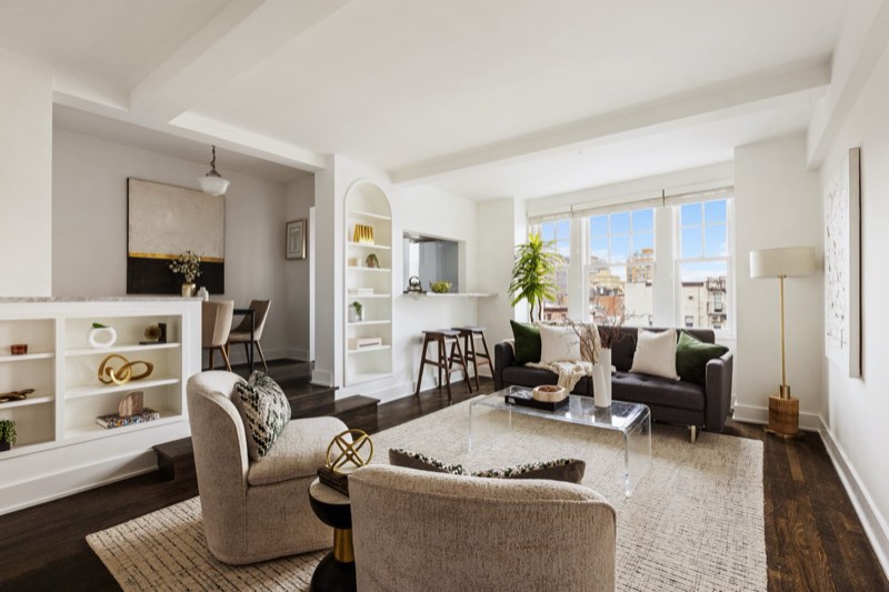 sunken living room, west windows over Village roofs