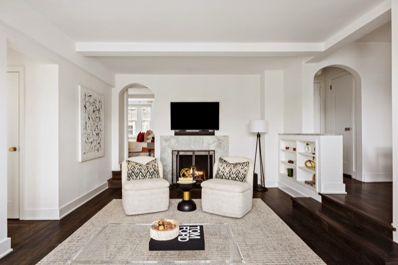 living room, two chairs at the hearth