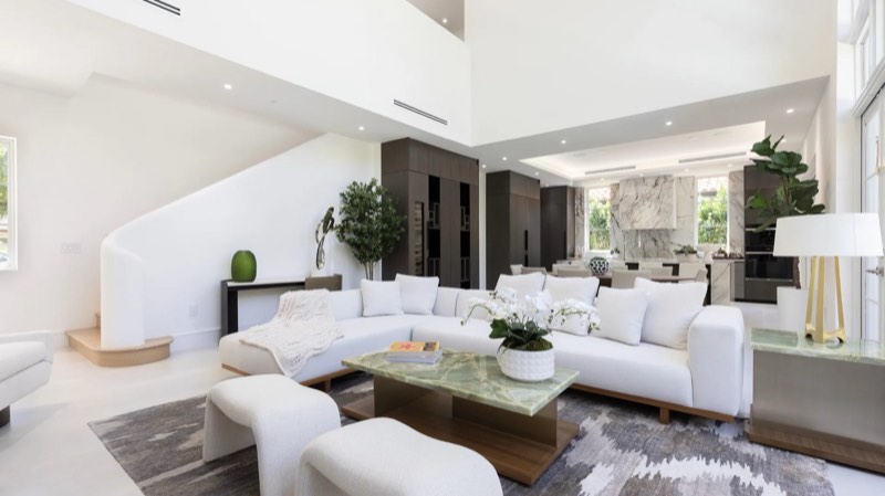 double-height living toward kitchen at 505 Zamora Avenue