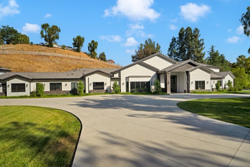 Aerial of the modern ranch estate at 6006 Spring Valley Road, Hidden Hills
