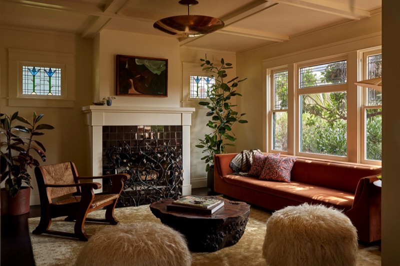 living tiled fireplace at 649 Palms Boulevard