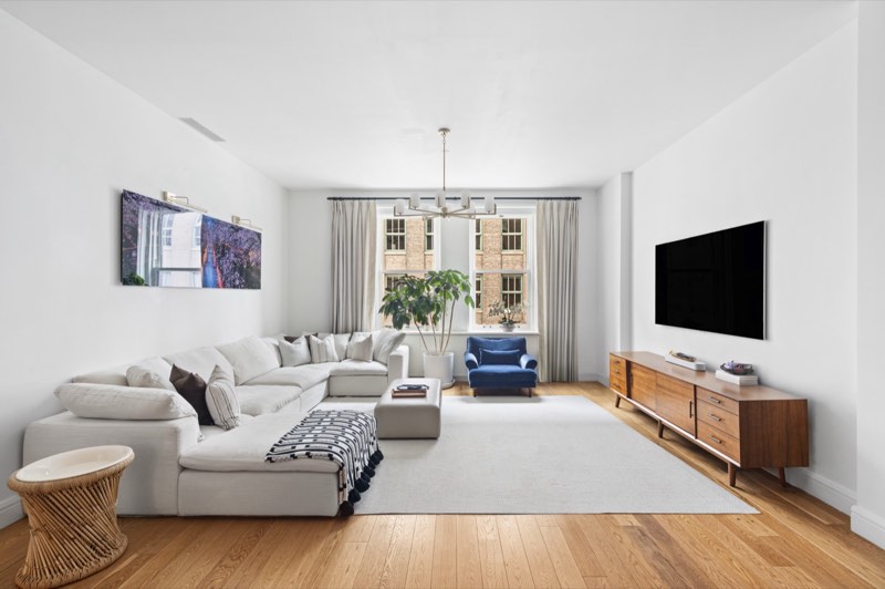 living room, white sectional, east windows
