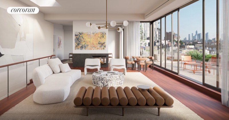 developer CGI of the living room, wrap terrace, and skyline at 83 Thompson Street PH